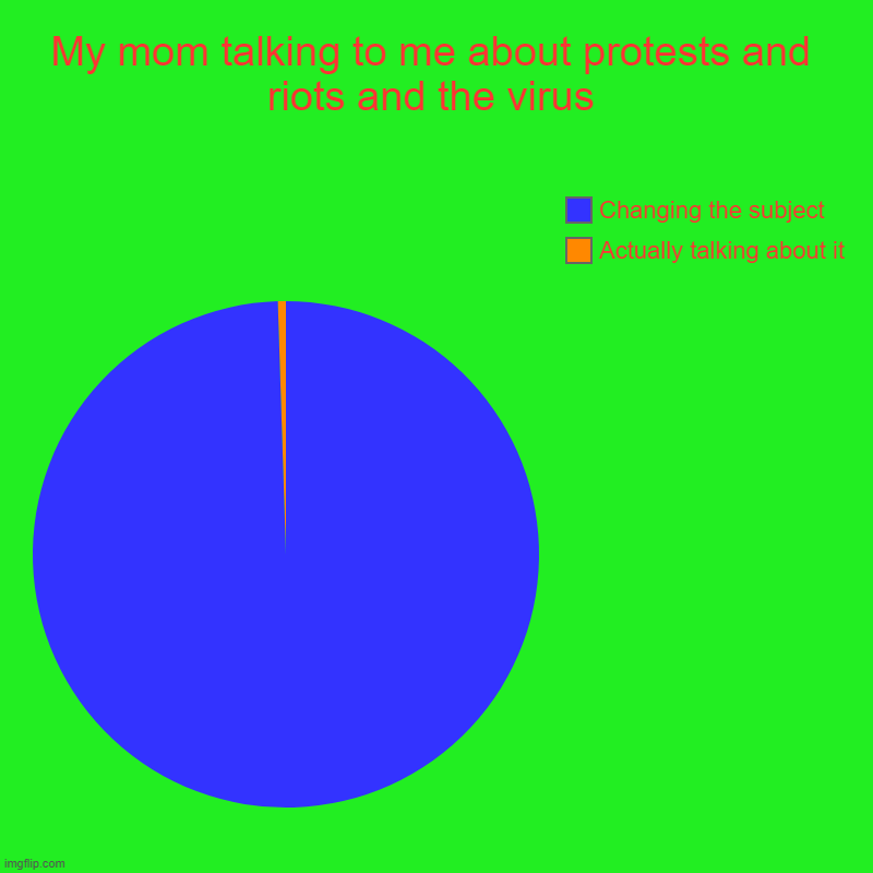 Would you? | My mom talking to me about protests and riots and the virus | Actually talking about it, Changing the subject | image tagged in charts,pie charts | made w/ Imgflip chart maker