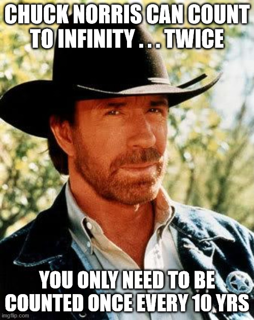Chuck Norris | CHUCK NORRIS CAN COUNT TO INFINITY . . . TWICE; YOU ONLY NEED TO BE COUNTED ONCE EVERY 10 YRS | image tagged in memes,chuck norris | made w/ Imgflip meme maker