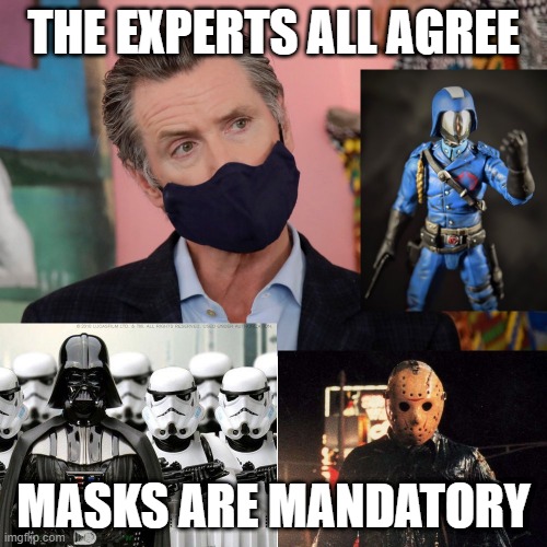 Masks | THE EXPERTS ALL AGREE; MASKS ARE MANDATORY | image tagged in masks | made w/ Imgflip meme maker
