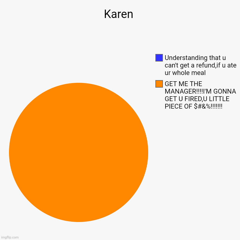 Karen | GET ME THE MANAGER!!!!I'M GONNA GET U FIRED,U LITTLE PIECE OF $#&%!!!!!!!, Understanding that u can't get a refund,if u ate ur whole | image tagged in charts,pie charts | made w/ Imgflip chart maker