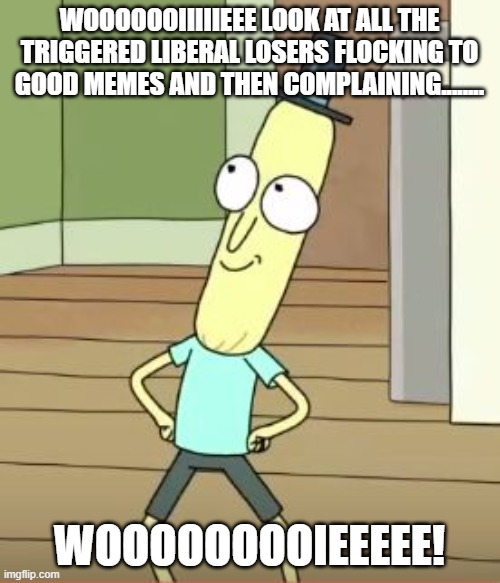 Mr Poopy Butthole | WOOOOOOIIIIIEEE LOOK AT ALL THE TRIGGERED LIBERAL LOSERS FLOCKING TO GOOD MEMES AND THEN COMPLAINING........ WOOOOOOOOIEEEEE! | image tagged in mr poopy butthole | made w/ Imgflip meme maker