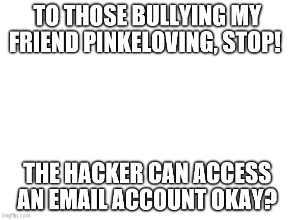 stop bullying my friend pinkeloving! | TO THOSE BULLYING MY FRIEND PINKELOVING, STOP! THE HACKER CAN ACCESS AN EMAIL ACCOUNT OKAY? | image tagged in blank white template | made w/ Imgflip meme maker