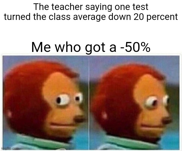 Monkey Puppet | The teacher saying one test turned the class average down 20 percent; Me who got a -50% | image tagged in memes,monkey puppet | made w/ Imgflip meme maker