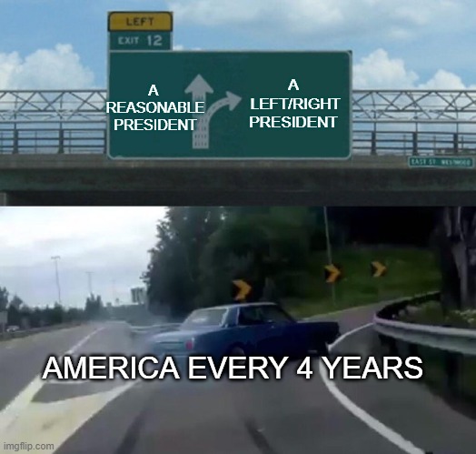 Left Exit 12 Off Ramp | A 
REASONABLE PRESIDENT; A
 LEFT/RIGHT PRESIDENT; AMERICA EVERY 4 YEARS | image tagged in memes,left exit 12 off ramp | made w/ Imgflip meme maker
