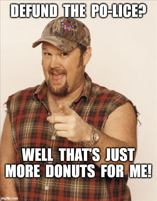 Larry The Cable Guy | DEFUND  THE  PO-LICE? WELL  THAT'S  JUST
MORE  DONUTS  FOR  ME! | image tagged in larry the cable guy,police,donuts,defund the police | made w/ Imgflip meme maker