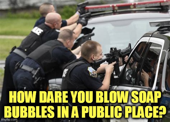 "We'll say they were jaywalking. That'll be enough. Don't worry, the police union will back us up whatever we say." | HOW DARE YOU BLOW SOAP BUBBLES IN A PUBLIC PLACE? | image tagged in police fight jaywalking,police,cops,police brutality,union | made w/ Imgflip meme maker