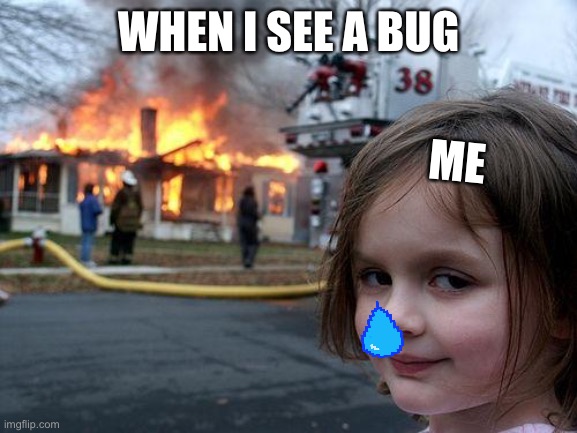 It’s true tho | WHEN I SEE A BUG; ME | image tagged in memes,disaster girl | made w/ Imgflip meme maker