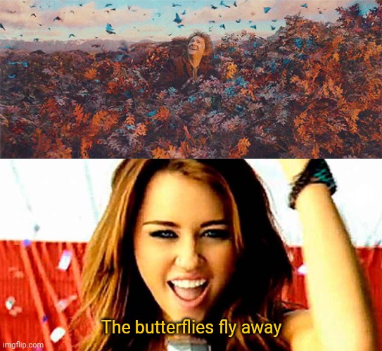 Butterfly fly away | The butterflies fly away | image tagged in lotr,the hobbit,miley cyrus | made w/ Imgflip meme maker