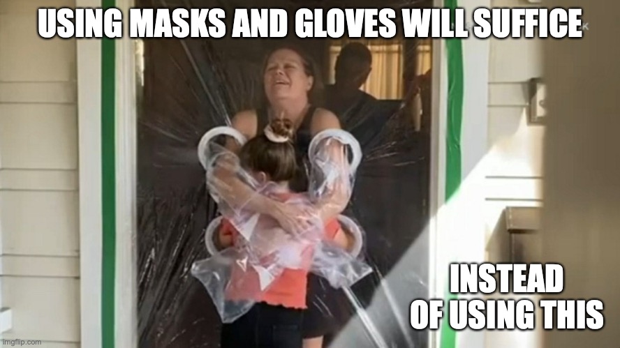 Grandma Hugs Granddaughter |  USING MASKS AND GLOVES WILL SUFFICE; INSTEAD OF USING THIS | image tagged in covid-19,memes | made w/ Imgflip meme maker