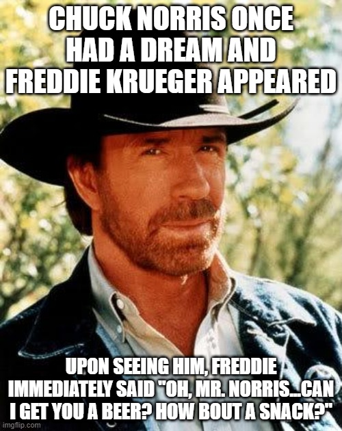 No Nightmare for Chuck | CHUCK NORRIS ONCE HAD A DREAM AND FREDDIE KRUEGER APPEARED; UPON SEEING HIM, FREDDIE IMMEDIATELY SAID "OH, MR. NORRIS...CAN I GET YOU A BEER? HOW BOUT A SNACK?" | image tagged in memes,chuck norris | made w/ Imgflip meme maker