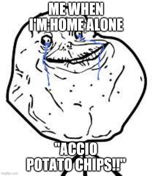 forever alone  | ME WHEN I'M HOME ALONE; "ACCIO POTATO CHIPS!!" | image tagged in forever alone | made w/ Imgflip meme maker