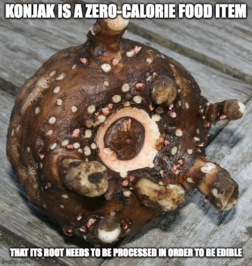 Konjak | KONJAK IS A ZERO-CALORIE FOOD ITEM; THAT ITS ROOT NEEDS TO BE PROCESSED IN ORDER TO BE EDIBLE | image tagged in food,memes | made w/ Imgflip meme maker