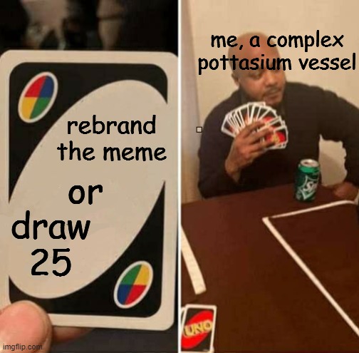 I rebranded the meme, don't get mad. | me, a complex pottasium vessel; rebrand the meme; or; draw 25 | image tagged in uno draw 25 cards,memes | made w/ Imgflip meme maker