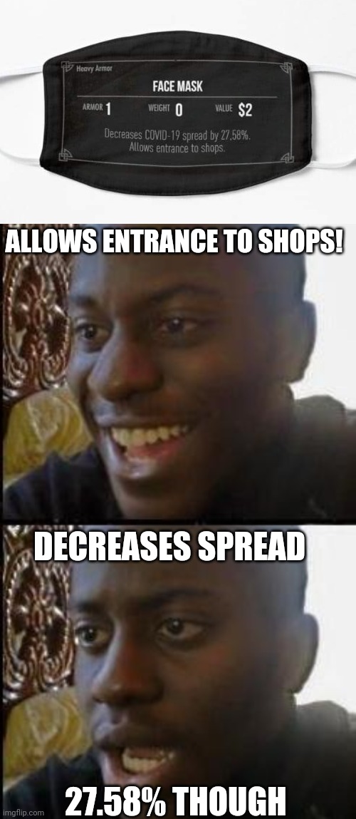 WELL IT'S WORTH $2 | ALLOWS ENTRANCE TO SHOPS! DECREASES SPREAD; 27.58% THOUGH | image tagged in disappointed black guy,memes,skyrim meme,skyrim,covid-19,masks | made w/ Imgflip meme maker