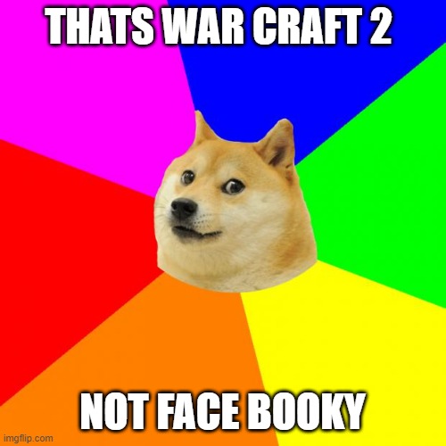 Advice Doge Meme | THATS WAR CRAFT 2 NOT FACE BOOKY | image tagged in memes,advice doge | made w/ Imgflip meme maker