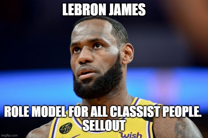 LEBRON - THE ROLE MODEL | LEBRON JAMES; ROLE MODEL FOR ALL CLASSIST PEOPLE. 
SELLOUT | image tagged in lbj,lebron,punk,sellout | made w/ Imgflip meme maker