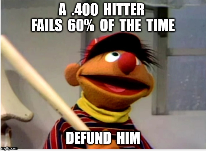 Ernie Baseball | A  .400  HITTER  FAILS  60%  OF  THE  TIME DEFUND  HIM | image tagged in ernie baseball | made w/ Imgflip meme maker