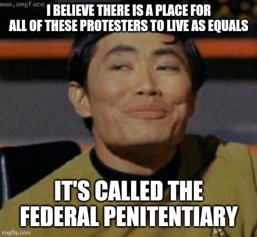 sulu | I BELIEVE THERE IS A PLACE FOR ALL OF THESE PROTESTERS TO LIVE AS EQUALS; IT'S CALLED THE FEDERAL PENITENTIARY | image tagged in sulu | made w/ Imgflip meme maker