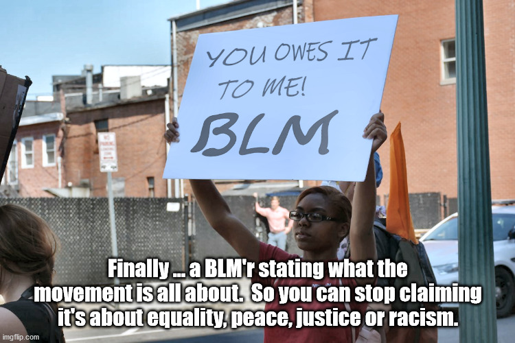 What BLM is Really About! | Finally ... a BLM'r stating what the movement is all about.  So you can stop claiming it's about equality, peace, justice or racism. | image tagged in blm protester's real agenda | made w/ Imgflip meme maker