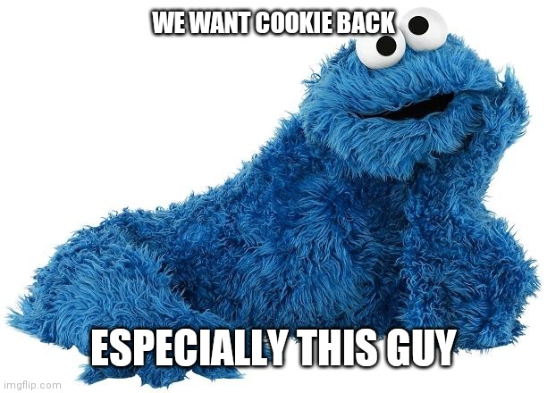 Cookie Monster | WE WANT COOKIE BACK; ESPECIALLY THIS GUY | image tagged in cookie monster | made w/ Imgflip meme maker