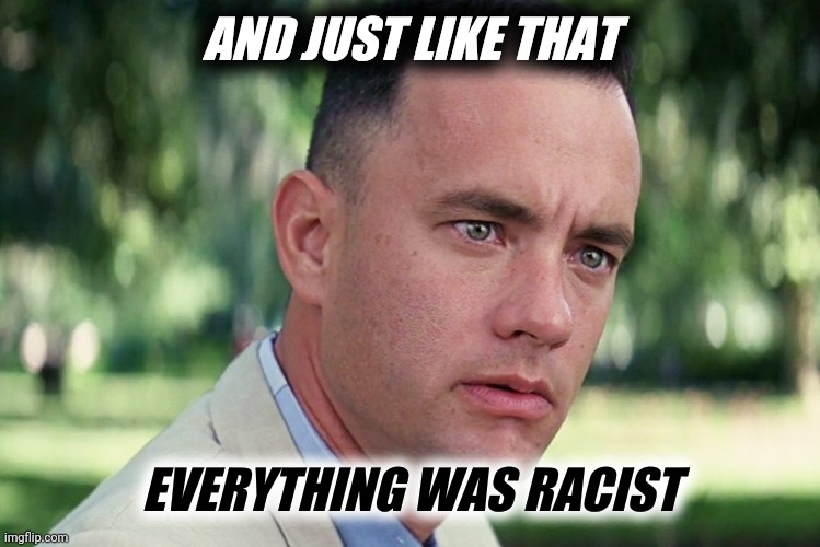 And Just Like That Meme | AND JUST LIKE THAT; EVERYTHING WAS RACIST | image tagged in memes,and just like that | made w/ Imgflip meme maker