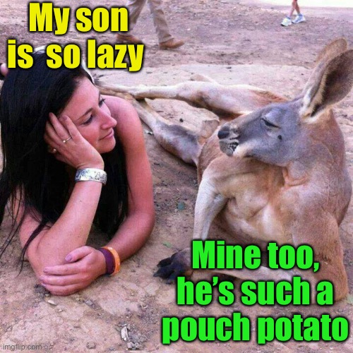 What do you call a lazy kangaroo? | My son is  so lazy; Mine too,
he’s such a
pouch potato | image tagged in kangaroo with girl,lazy college senior,kangaroo | made w/ Imgflip meme maker