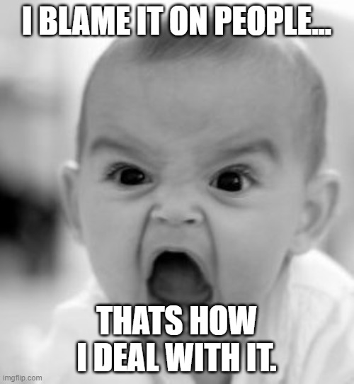 blame | I BLAME IT ON PEOPLE... THATS HOW I DEAL WITH IT. | image tagged in skeptical baby | made w/ Imgflip meme maker