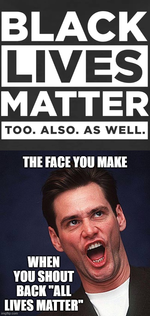 You just proved you don't understand the meaning | THE FACE YOU MAKE; WHEN YOU SHOUT BACK "ALL LIVES MATTER" | image tagged in jim carrey duh,memes,black lives matter,all lives matter | made w/ Imgflip meme maker