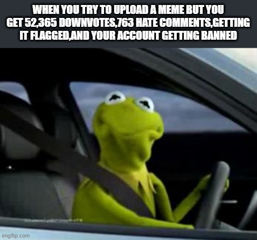 welp... | WHEN YOU TRY TO UPLOAD A MEME BUT YOU GET 52,365 DOWNVOTES,763 HATE COMMENTS,GETTING IT FLAGGED,AND YOUR ACCOUNT GETTING BANNED | image tagged in sad kermit | made w/ Imgflip meme maker