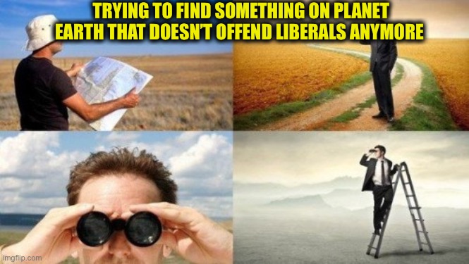 Is there anything? anywhere? | TRYING TO FIND SOMETHING ON PLANET EARTH THAT DOESN’T OFFEND LIBERALS ANYMORE | image tagged in searching trying to find,liberals,offensive,libtards,liberal logic,stupid liberals | made w/ Imgflip meme maker