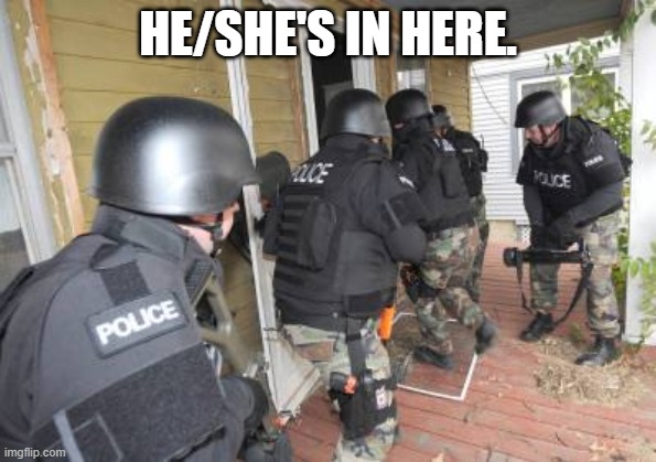 Swat Team | HE/SHE'S IN HERE. | image tagged in swat team | made w/ Imgflip meme maker