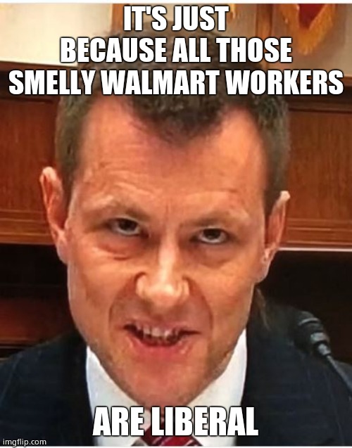 Peter Strzok | IT'S JUST BECAUSE ALL THOSE SMELLY WALMART WORKERS ARE LIBERAL | image tagged in peter strzok | made w/ Imgflip meme maker