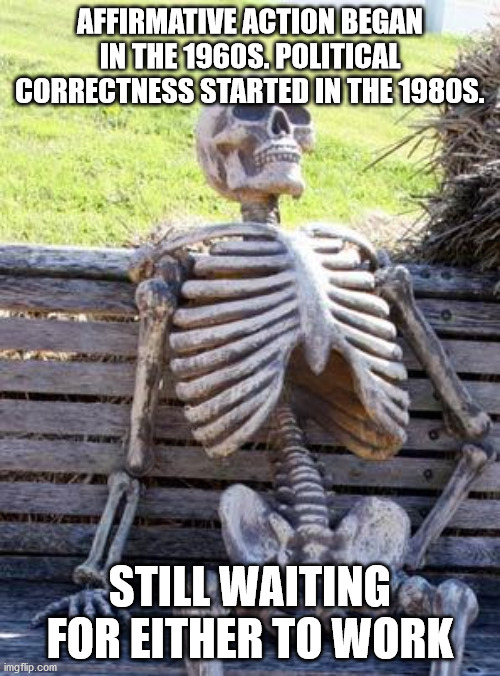 When something doesn't work, doing more of it will work even less | AFFIRMATIVE ACTION BEGAN IN THE 1960S. POLITICAL CORRECTNESS STARTED IN THE 1980S. STILL WAITING FOR EITHER TO WORK | image tagged in memes,waiting skeleton,political correctness,affirmative action,politics | made w/ Imgflip meme maker