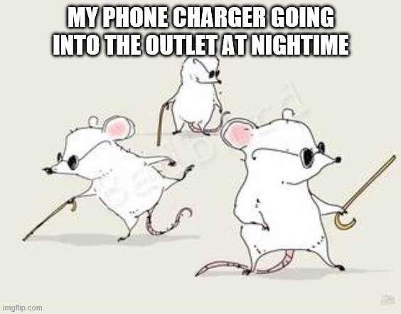 Blind mice | MY PHONE CHARGER GOING INTO THE OUTLET AT NIGHTIME | image tagged in blind mice | made w/ Imgflip meme maker