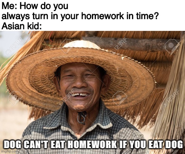 He ain't wrong | Me: How do you always turn in your homework in time?
Asian kid:; DOG CAN'T EAT HOMEWORK IF YOU EAT DOG | image tagged in asian,meme | made w/ Imgflip meme maker