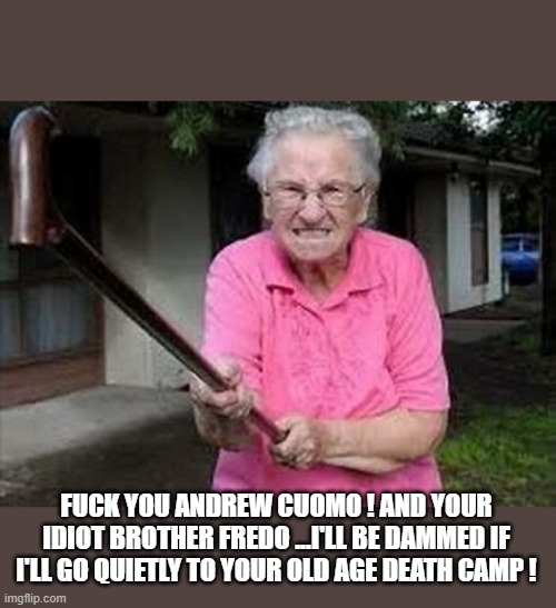 FUCK YOU ANDREW CUOMO ! AND YOUR IDIOT BROTHER FREDO ...I'LL BE DAMMED IF I'LL GO QUIETLY TO YOUR OLD AGE DEATH CAMP ! | made w/ Imgflip meme maker