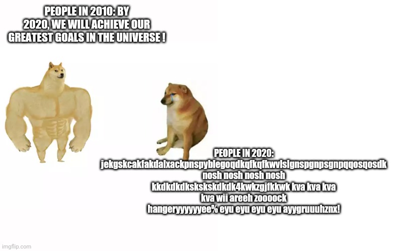 2010 vs 2020 | PEOPLE IN 2010: BY 2020, WE WILL ACHIEVE OUR GREATEST GOALS IN THE UNIVERSE ! PEOPLE IN 2020: jekgskcakfakdalxackpnspyblegoqdkqfkqfkwvlslgnspgnpsgnpqqosqosdk nosh nosh nosh nosh kkdkdkdkskskskdkdk4kwkzgjfkkwk kva kva kva kva wii areeh zoooock hangeryyyyyyee% eyu eyu eyu eyu ayygruuuhznx! | image tagged in blank white template,buff doge vs cheems,2010 vs 2020 | made w/ Imgflip meme maker