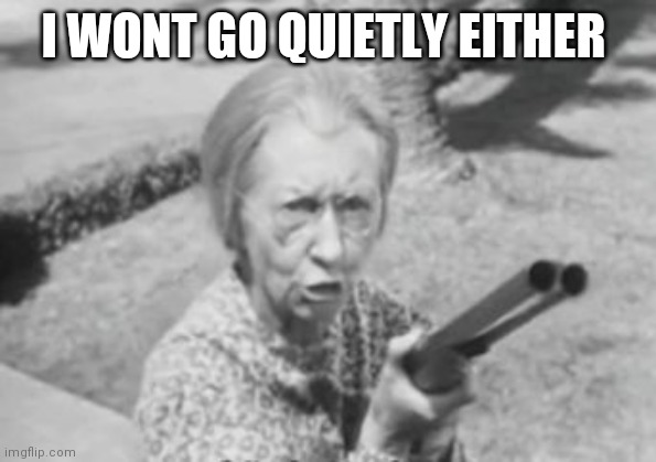 Granny's got a gun | I WONT GO QUIETLY EITHER | image tagged in granny's got a gun | made w/ Imgflip meme maker