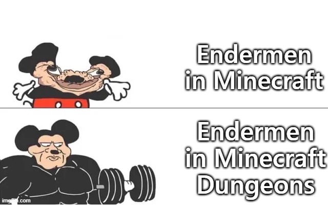 mickey mouse drake | Endermen in Minecraft; Endermen in Minecraft Dungeons | image tagged in mickey mouse drake | made w/ Imgflip meme maker