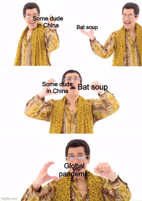 2020 be like | Some dude in China; Bat soup; Some dude in China; Bat soup; Global pandemic | image tagged in memes,ppap | made w/ Imgflip meme maker