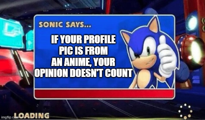 Sonic Says | IF YOUR PROFILE PIC IS FROM AN ANIME, YOUR OPINION DOESN'T COUNT | image tagged in sonic says | made w/ Imgflip meme maker