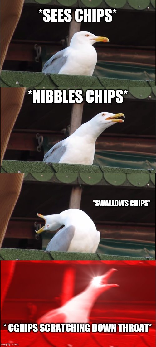 Inhaling Seagull Meme | *SEES CHIPS*; *NIBBLES CHIPS*; *SWALLOWS CHIPS*; * CGHIPS SCRATCHING DOWN THROAT* | image tagged in memes,inhaling seagull | made w/ Imgflip meme maker
