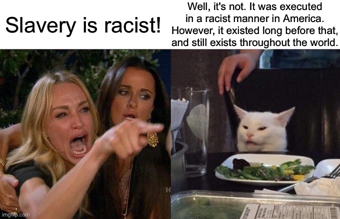 Hard Truths | Well, it's not. It was executed in a racist manner in America. However, it existed long before that, and still exists throughout the world. Slavery is racist! | image tagged in memes,woman yelling at cat,slavery,slaves,racism,walmart | made w/ Imgflip meme maker