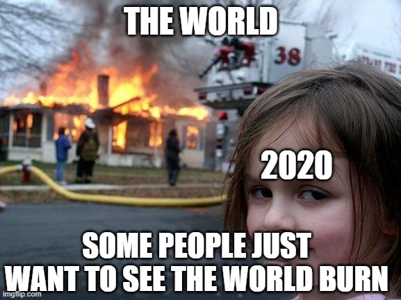 2020.exe. | THE WORLD; 2020; SOME PEOPLE JUST WANT TO SEE THE WORLD BURN | image tagged in memes,disaster girl | made w/ Imgflip meme maker