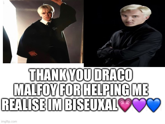 He looks so good they did the misunderstood book character well | THANK YOU DRACO MALFOY FOR HELPING ME REALISE IM BISEUXAL💗💜💙 | image tagged in pride,gay pride,bisexual,harry potter,draco malfoy,memes | made w/ Imgflip meme maker