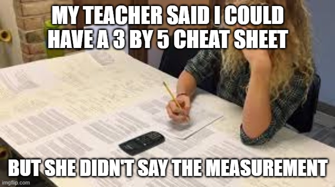 Serious cheating!!! lol | MY TEACHER SAID I COULD HAVE A 3 BY 5 CHEAT SHEET; BUT SHE DIDN'T SAY THE MEASUREMENT | image tagged in cheating,school,meme,funny memes | made w/ Imgflip meme maker