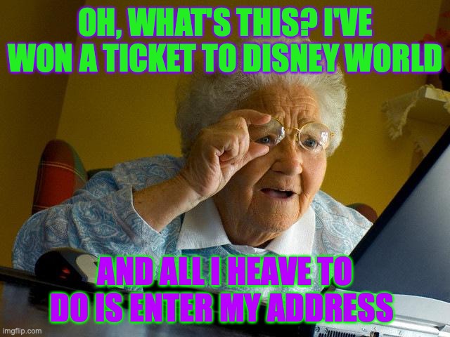 lol | OH, WHAT'S THIS? I'VE WON A TICKET TO DISNEY WORLD; AND ALL I HEAVE TO DO IS ENTER MY ADDRESS | image tagged in memes,grandma finds the internet | made w/ Imgflip meme maker
