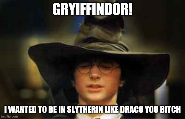 Harry Potter sorting hat | GRYIFFINDOR! I WANTED TO BE IN SLYTHERIN LIKE DRACO YOU BITCH | image tagged in harry potter sorting hat | made w/ Imgflip meme maker