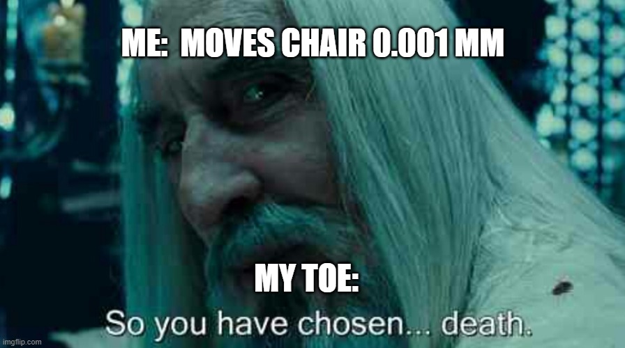 Ouch | ME:  MOVES CHAIR 0.001 MM; MY TOE: | image tagged in so you have chosen death | made w/ Imgflip meme maker