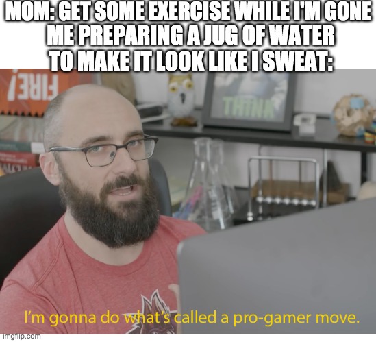 Call me a hacker.... of life | MOM: GET SOME EXERCISE WHILE I'M GONE; ME PREPARING A JUG OF WATER TO MAKE IT LOOK LIKE I SWEAT: | image tagged in i'm gonna do what's called a pro-gamer move | made w/ Imgflip meme maker